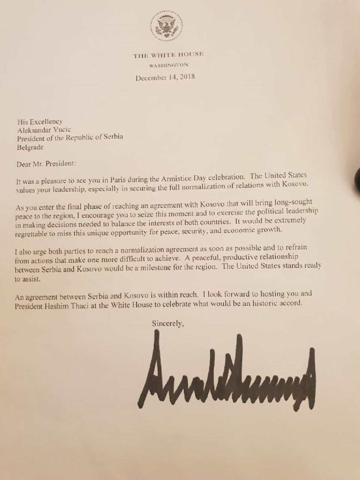Писмо председника Сједињених Америчких Држава Доналда Трампа